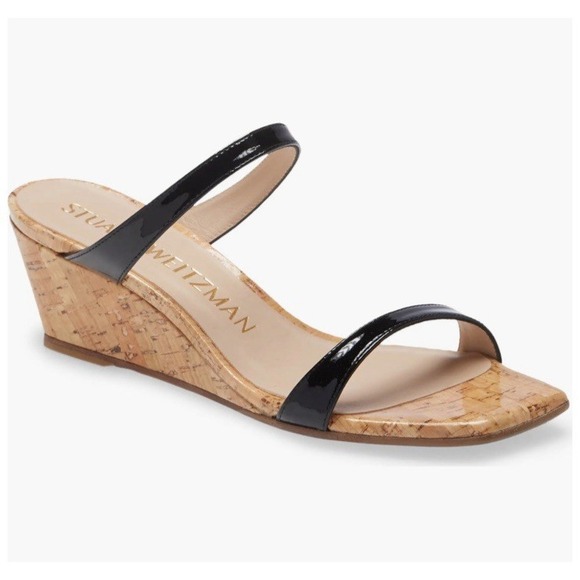 Stuart‎ Weitzman Aleena 50 Wedge Slip On Sandals Patent Leather Black Cork Sz 9 - Picture 1 of 14
